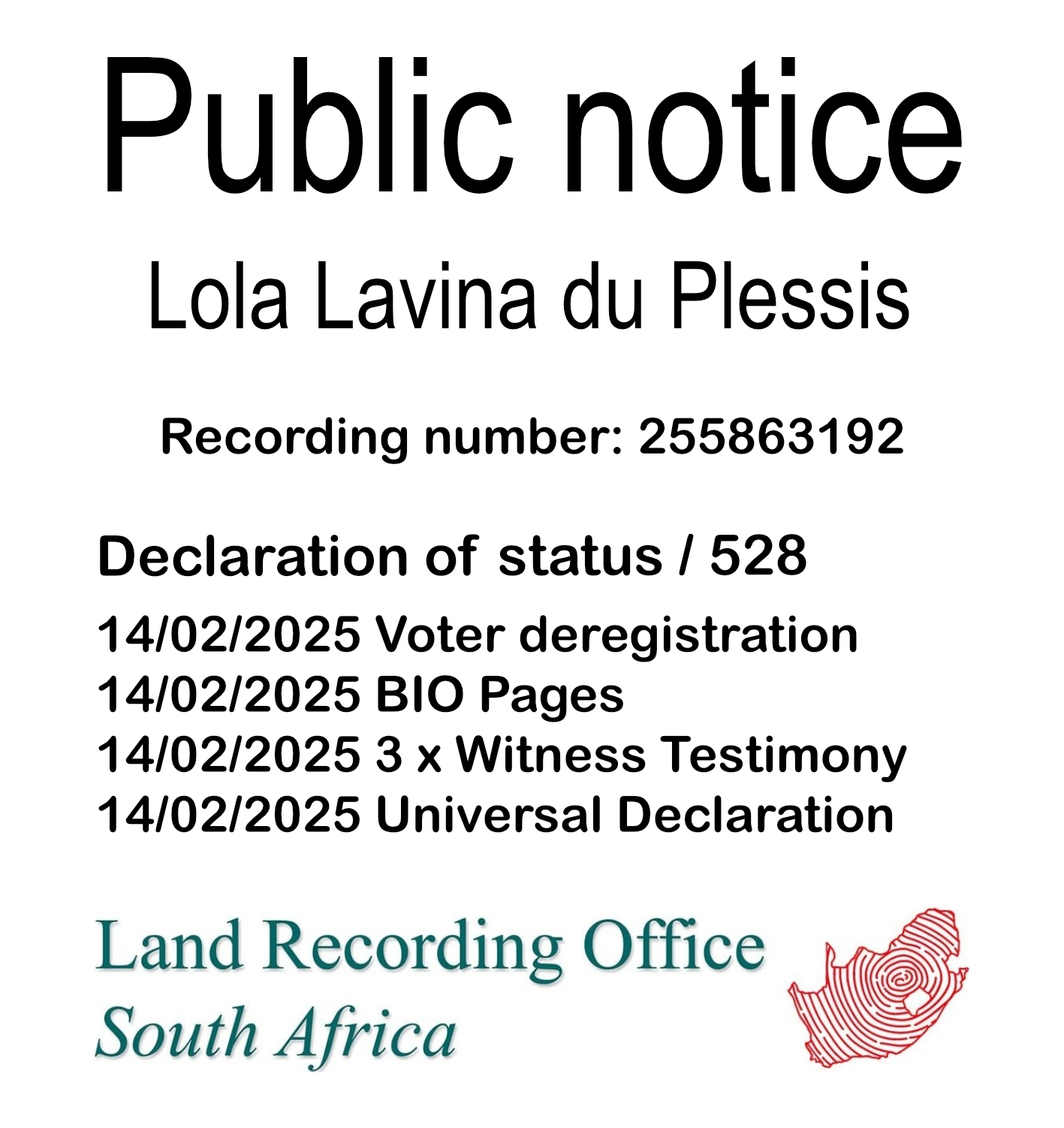 Public Notice Lola Lavina du Plessis (c)™ Recording number 255863192